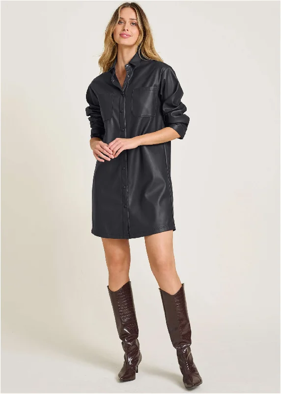 Faux Leather Shirt Dress - Black