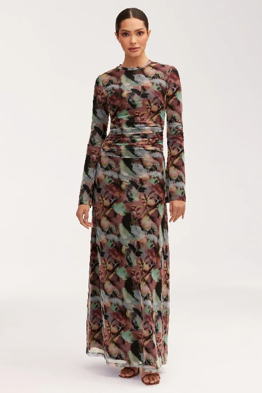 Adelina Rouched Mesh Maxi Dress - Floral Tie Dye