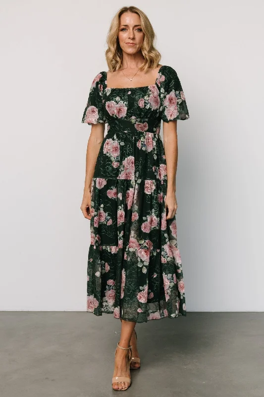 Annabeth Midi Dress | Dark Green + Pink