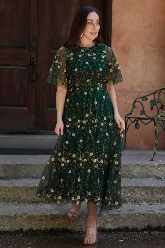 Arabella Embroidered Tulle Maxi Dress | Dark Green Floral