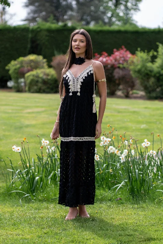 Black Boho Tassel Maxi Dress