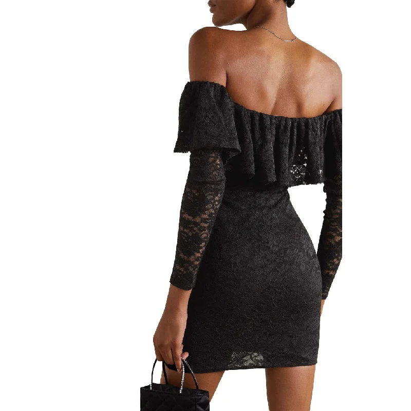 Caroline Constas Alessia Solid Black Off-The-Shoulder Ruffled Stretch-lace Mini Dress