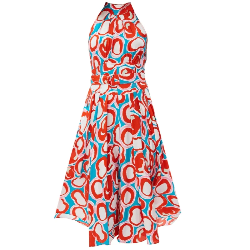 Diane von Furstenberg DVF Women's Nicola Belted Pleated Printed Woven Halterneck midi Dress