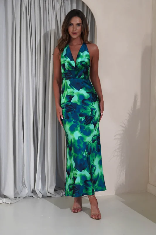 Fiji Soft Satin Maxi Dress | Green Print