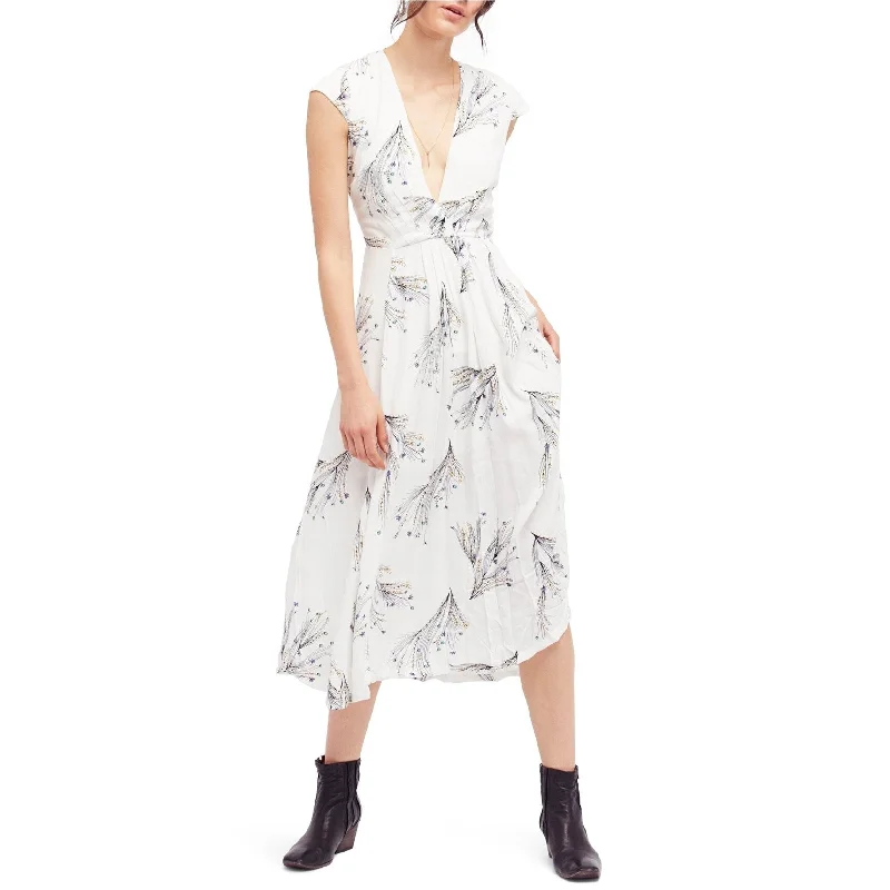 Free People Womens Printed Retro Faux-Wrap Midi Dress, Off-White, 4