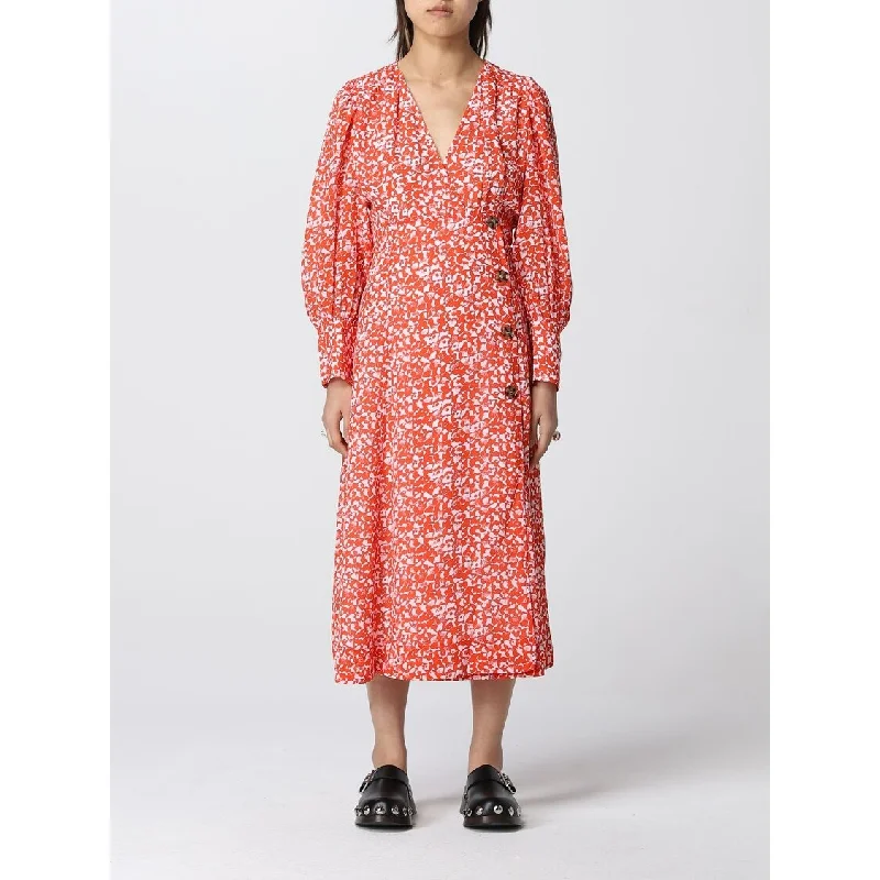 Ganni Women's Printed Crepe Midi Dress, Mini Floral Orangedotcom