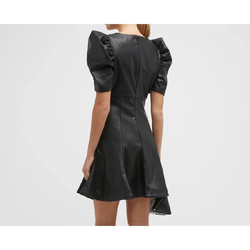 LIKELY Women's Solid Black Alia Faux Leather Puff-Sleeve Mini Dress