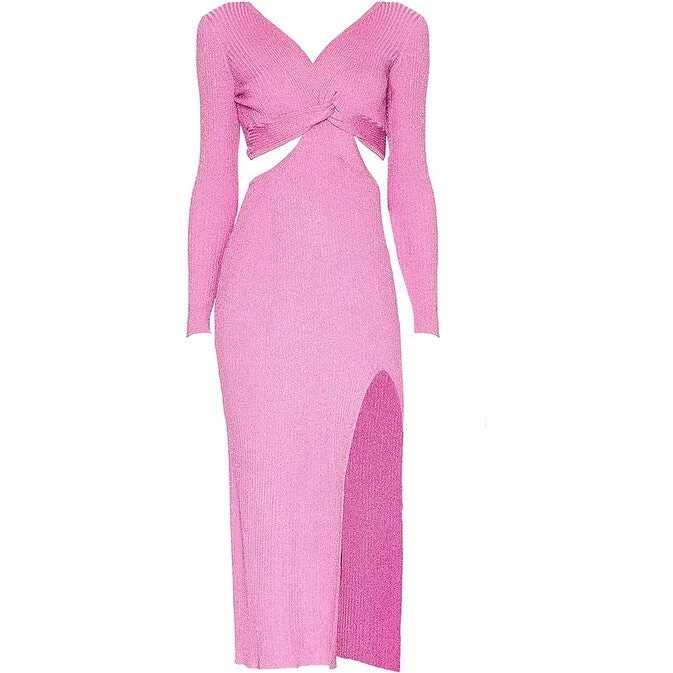 LOVESHACKFANCY Women's Bernette Orchid Sparkle Pink Lurex Ribbed Knit Cut Out Midi Dress