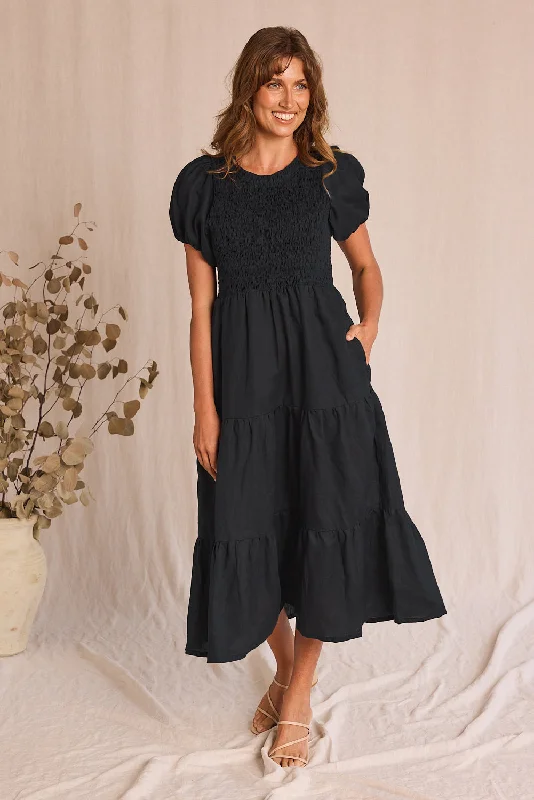 Minden Linen Shirred Short Sleeve Dress in Black