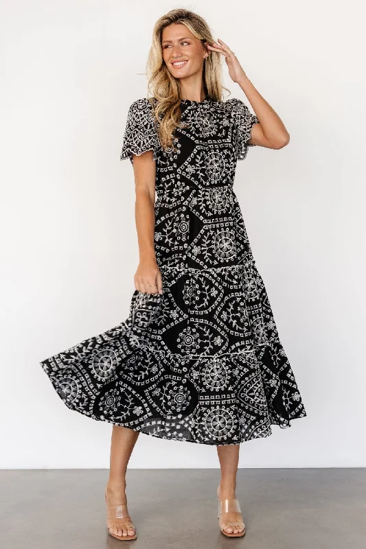 Mirabel Eyelet Midi Dress | Black + White