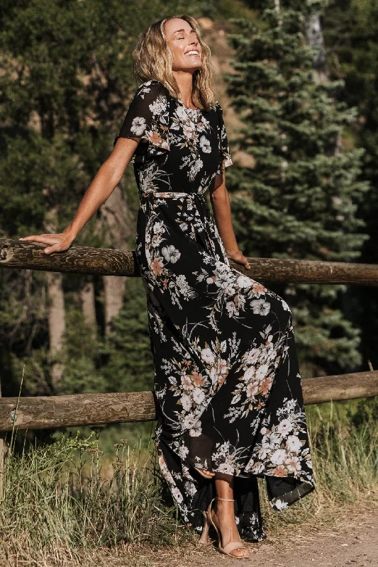 Naomi Short Sleeve Maxi Dress | Black Floral