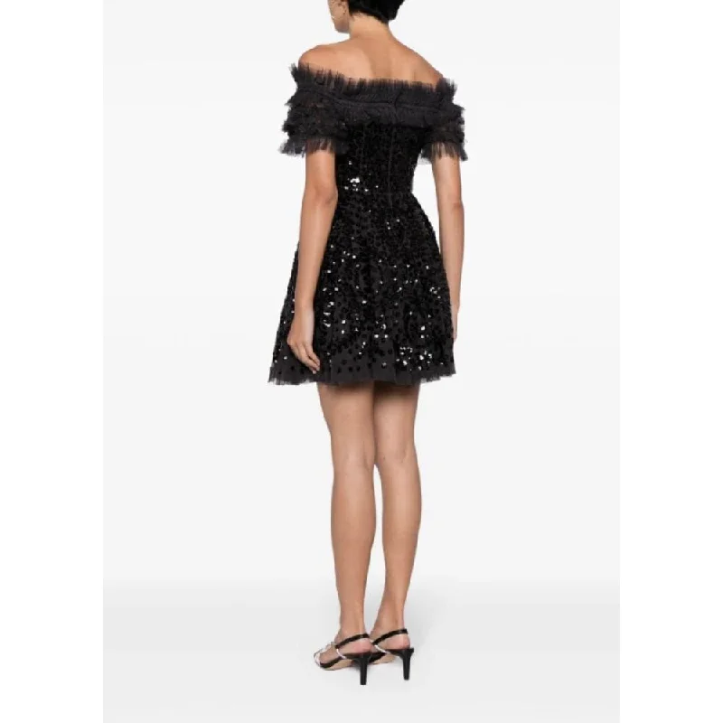 Needle & Thread Sequin Wreath Off-Shoulder Micro Mini Dress, Graphite