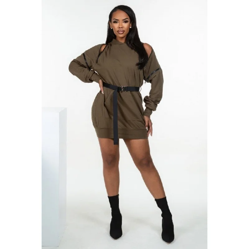 Olive Double Zipper Long Sleeve Hooded Mini Dress