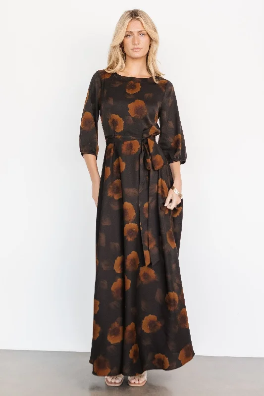 Paula Satin Maxi Dress | Deep Brown Floral