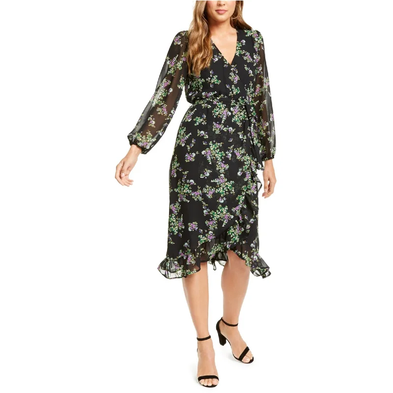 Q & A Womens Belted Floral Print Midi Dress, Black, Small