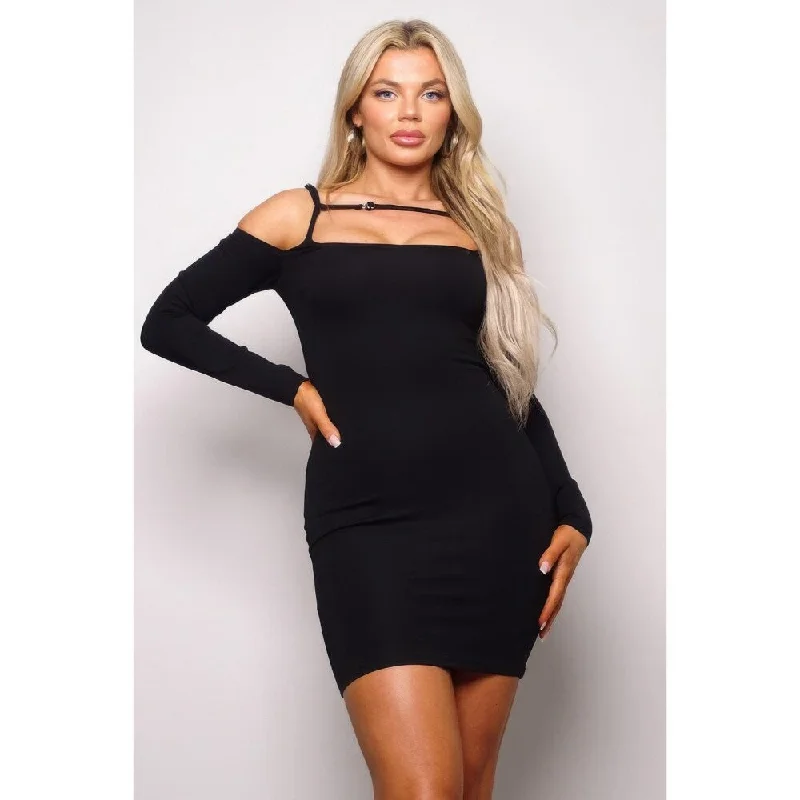 Rayon Long Sleeve Cuff Front Strap Mini Dress