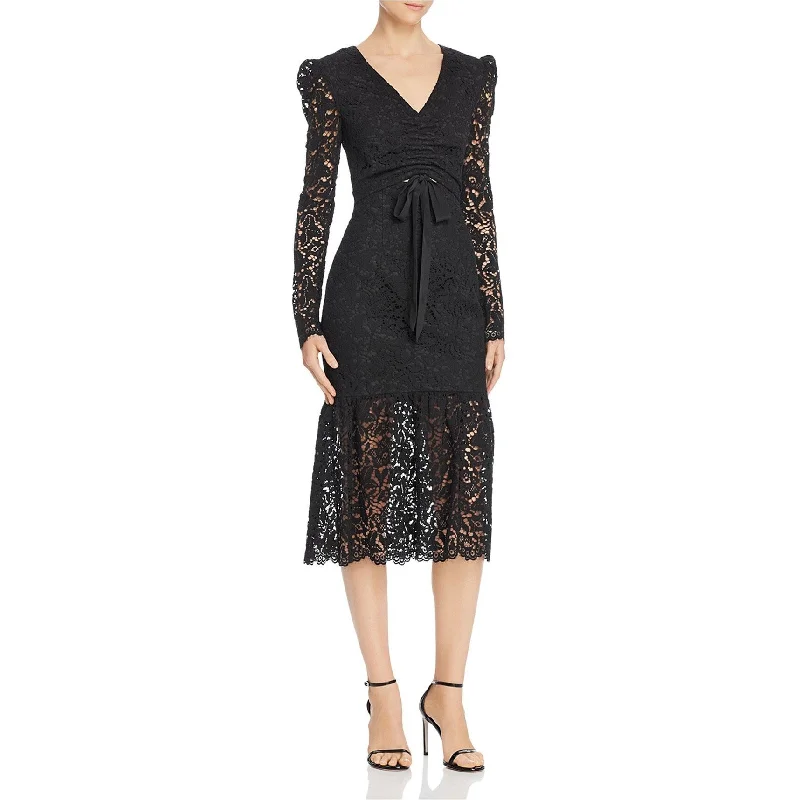 Rebecca Vallance Womens Ruched Lace Midi Dress, Black, 8