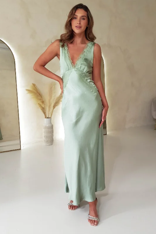 Rhylee Soft Satin Lace Detail Maxi Dress | Sage