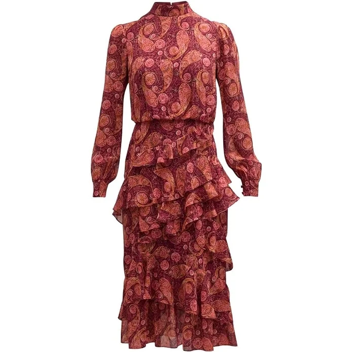 SALONI Women's Isa Silk Georgette Tiered Ruffle Midi Dress, Ruby Paisley