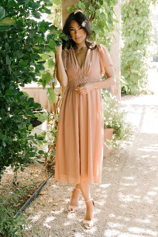 Sarah Smocked Midi Dress | Dusty Camel