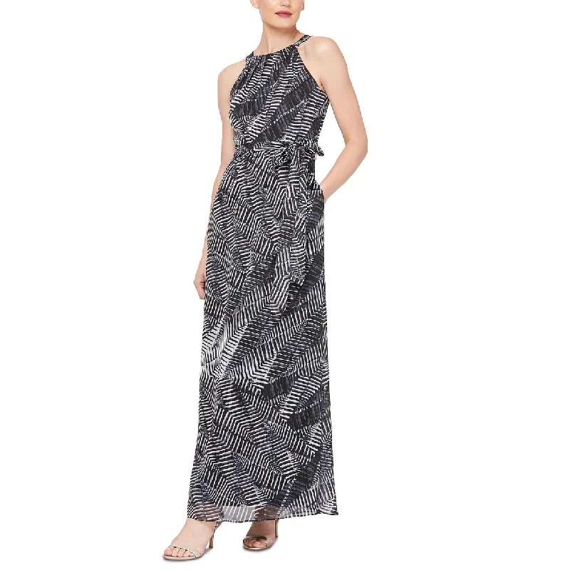 SL Fashions Women's Printed Tie-Waist Maxi Dress Charcoal Size 12