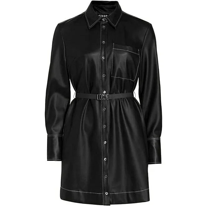 Staud Women's Black Vegan Leather Lynn Belted Faux Mini Shirtdress