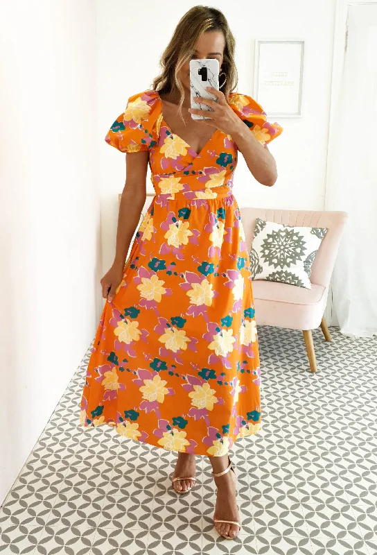 Sweet Flower Midi Dress | Orange