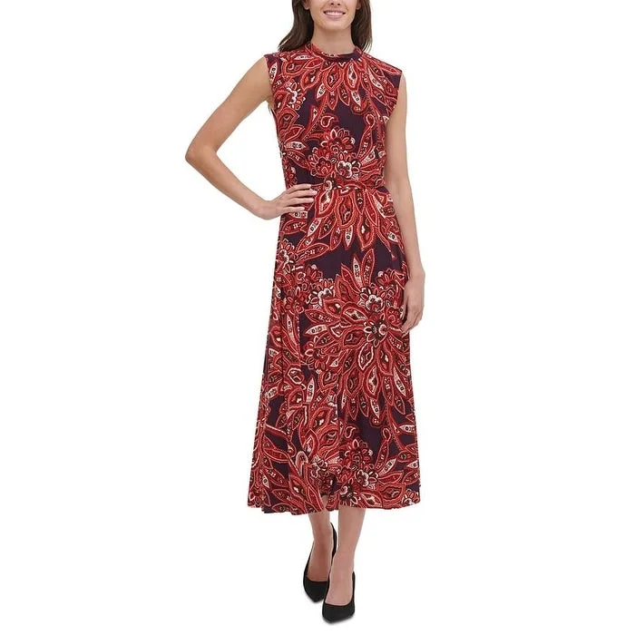 Tommy Hilfiger Women's Jersey Printed MIDI Dress Wine Multi Size 2