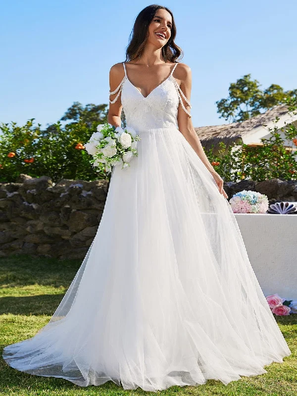 A-Line Pearl Spaghetti Strap Embroidered Tulle Wedding Dress with V-Neck