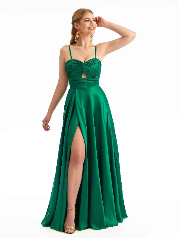 Chic Spaghetti Straps Stretchy Satin Side Slit Unique Stretchy Online Bridesmaid Dresses