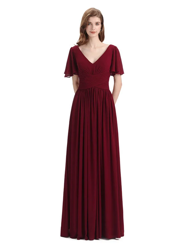 Chiffon A-line Short Sleeves Elegant Floor-Length Bridesmaid Dresses