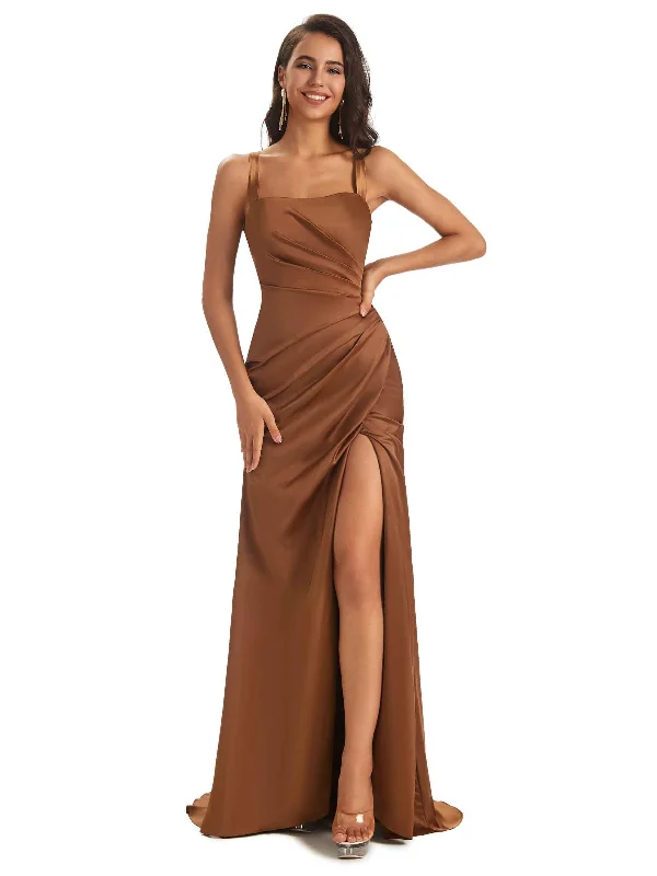 Soft Satin Straps Side Slit Cross Back Unique Mermaid Bridesmaid Dresses Online