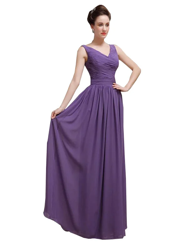 Simple V-Neck Pleats Chiffon Long Bridesmaid Dresses