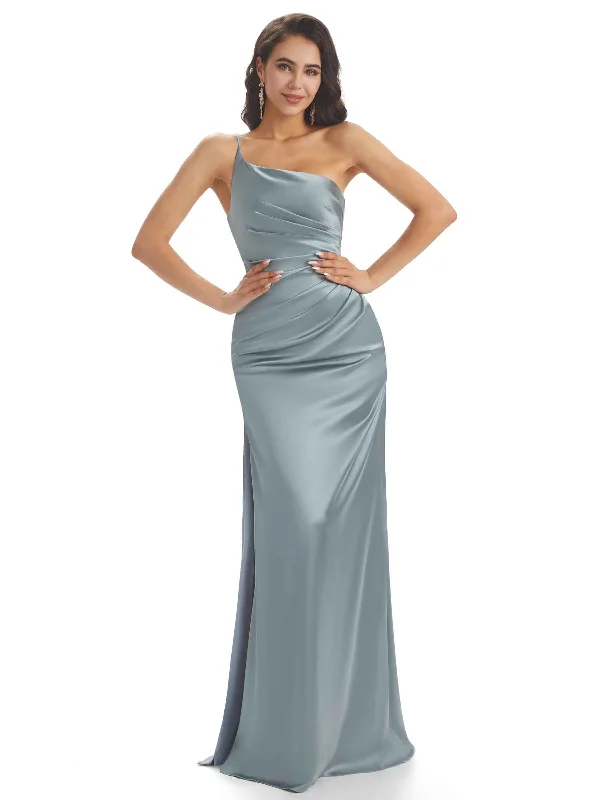 Sexy Soft Satin One Shoulder Side Slit Mermaid Long Bridesmaid Dresses