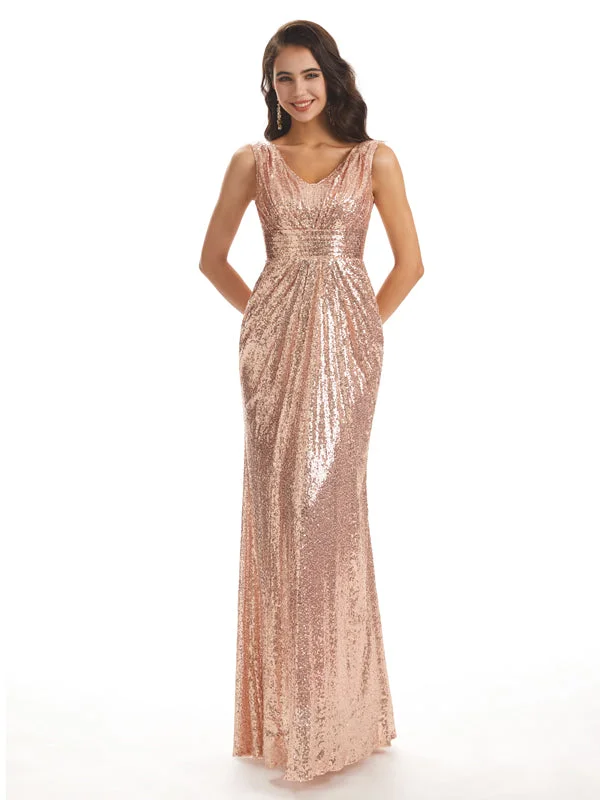 Sparkly V-neck Sequin Long Mermaid Bridesmaid Dresses Online