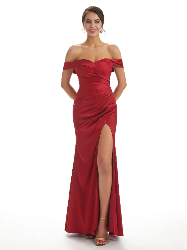 Sexy Side Slit Off The Shoulder Mermaid Soft Satin Bridesmaid Dresses Online