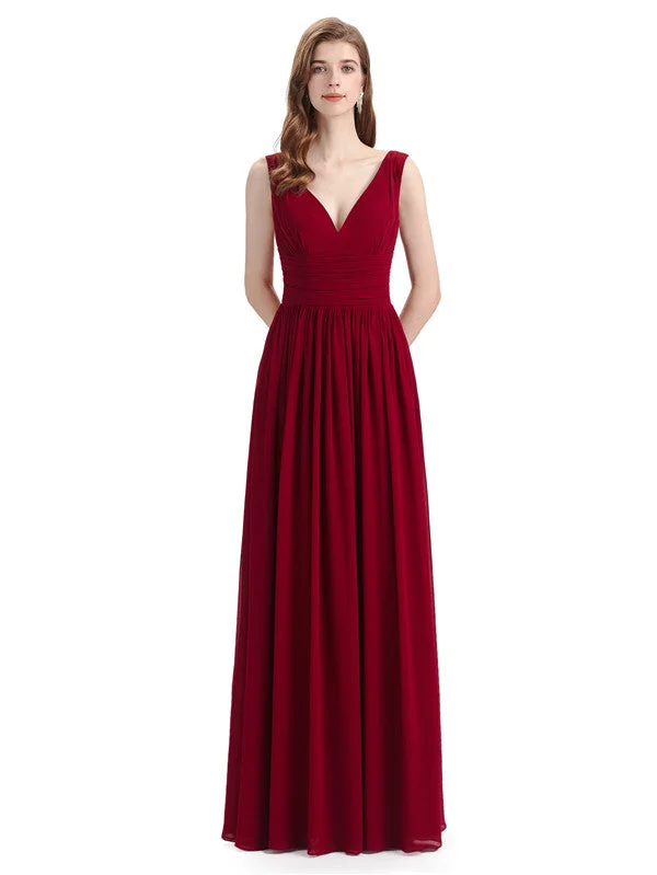 Simple Spaghetti Straps Chiffon A-line Sleeveless Floor-Length Bridesmaid Dresses