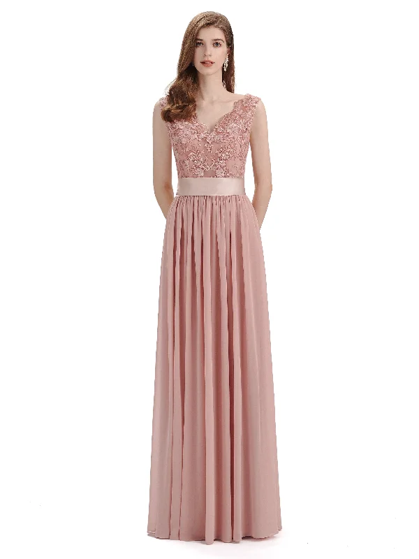 Elegant A-Line V-Neck Lace Chiffon Long Bridesmaid Dresses