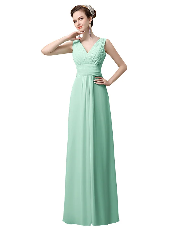 Simple A-line Chiffon V-Neck Floor-Length Long Bridesmaid Dresses