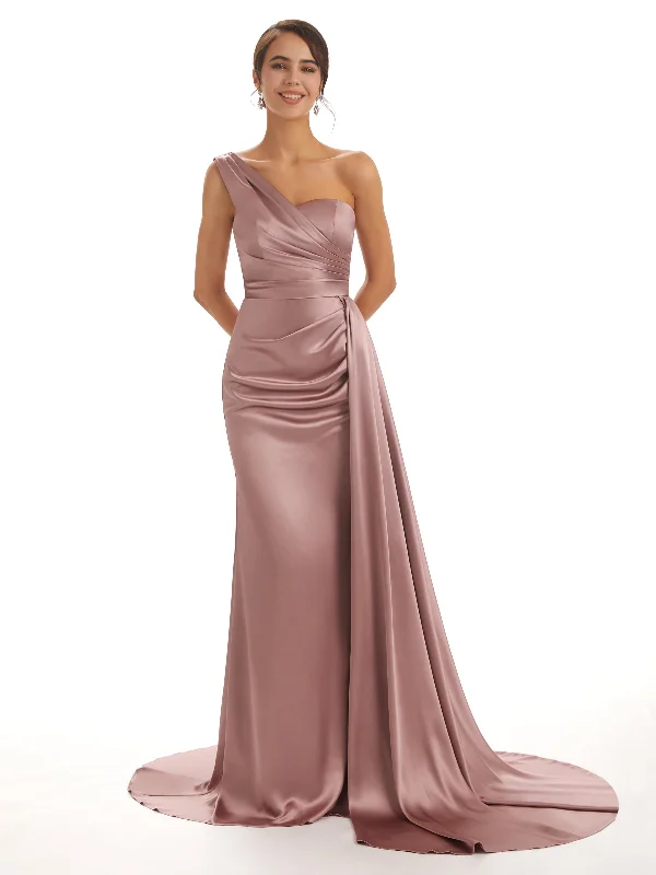 Elegant One Shoulder Soft Satin Unique Mermaid Long Bridesmaid Dresses Online