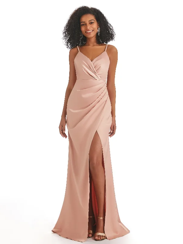 Spaghetti Straps Mermaid Soft Satin Side Slit Long African Bridesmaid Dresses