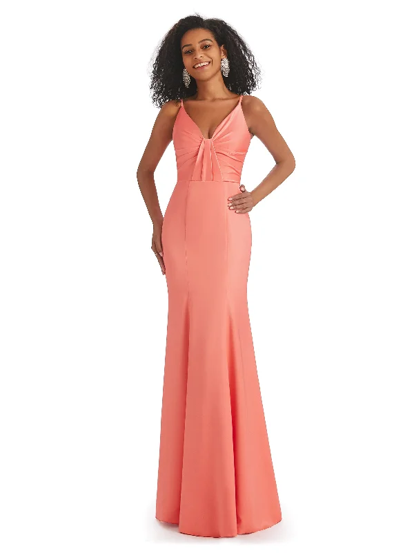 Sexy Soft Satin Spaghetti Straps V-neck Long Mermaid African Bridesmaid Dresses