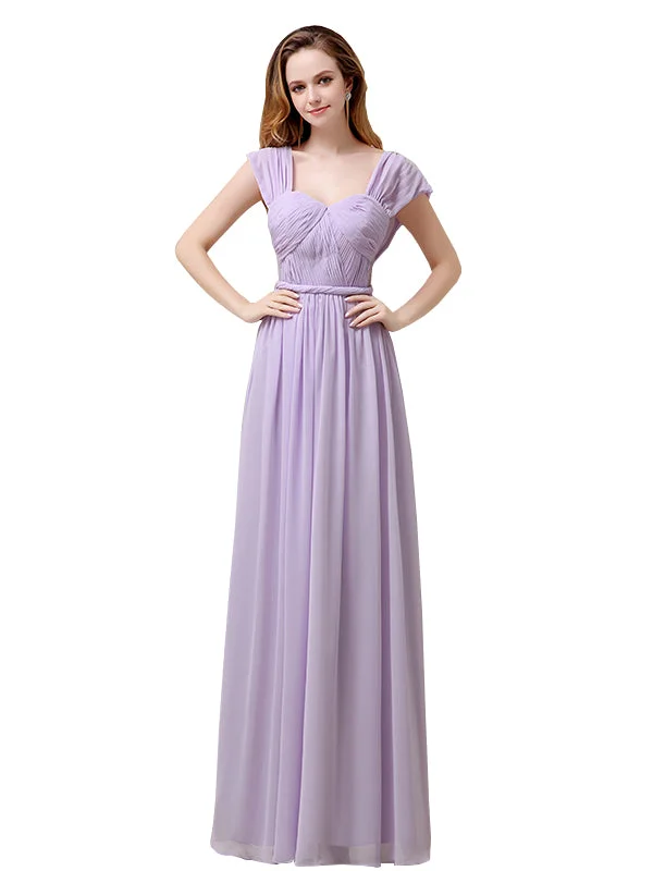 Cap Sleeves A-line Chiffon Floor-Length Long Bridesmaid Dresses