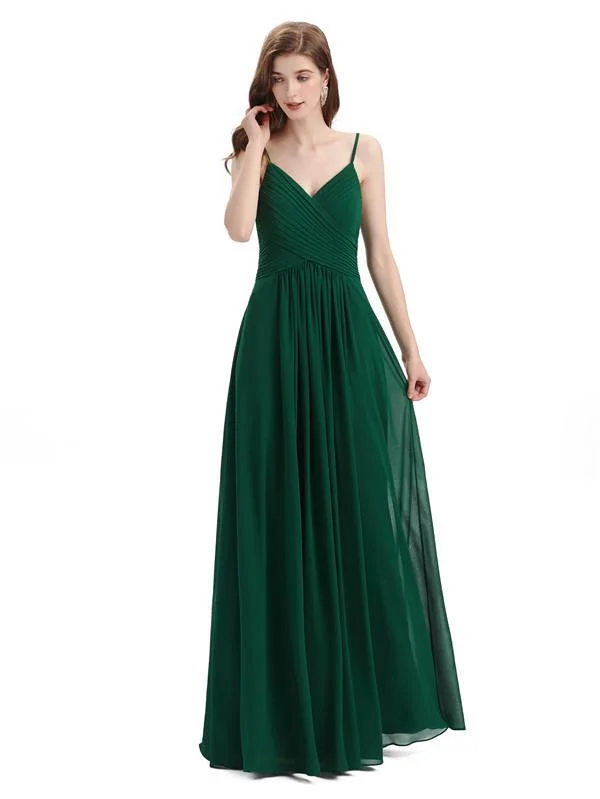 Pleated A-line Spaghetti Straps Chiffon Long Bridesmaid Dresses