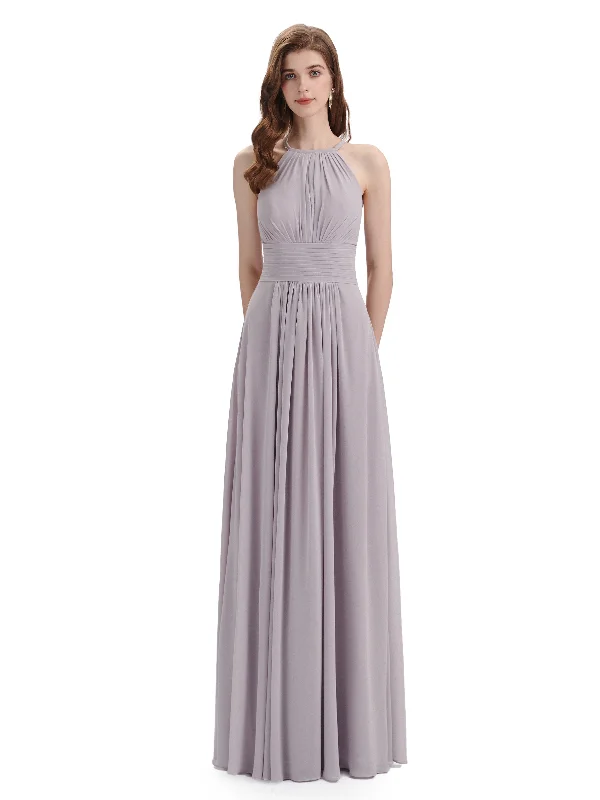 Charming Halter Floor Length Long Chiffon Bridesmaid Dresses