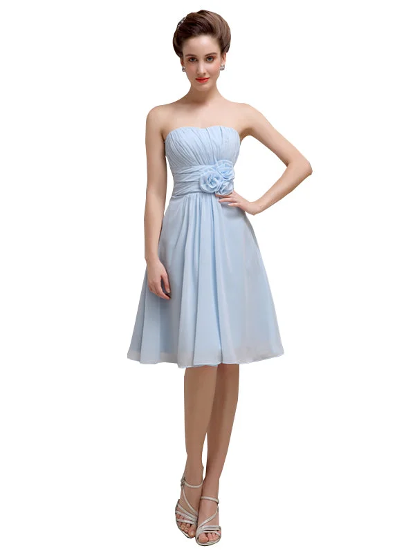 Pretty Strapless Flower Belt A-line Knee-Length Bridesmaid Dresses