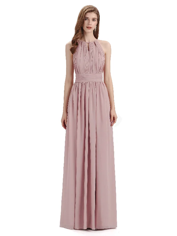 A-Line Halter Chiffon Pleats Floor Length Bridesmaid Dresses