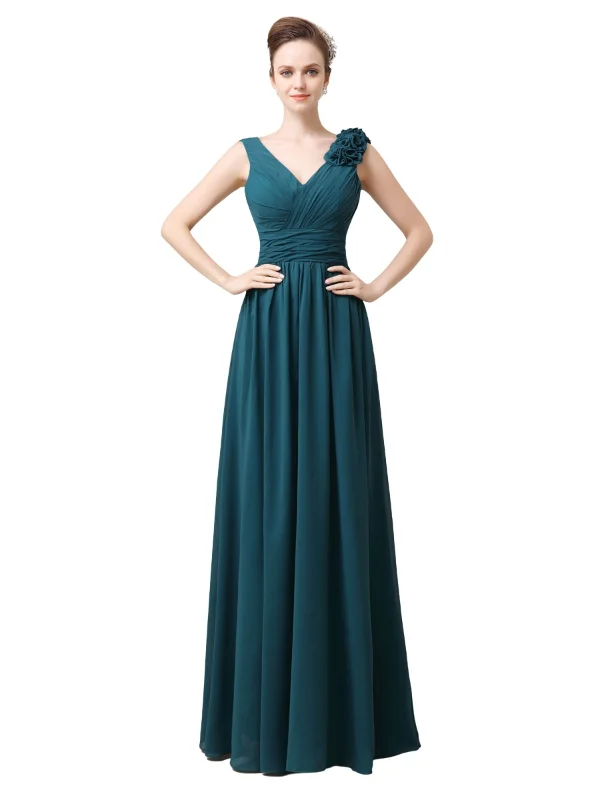 Elegant V-neck Flower A-line Floor-Length Long Bridesmaid Dresses