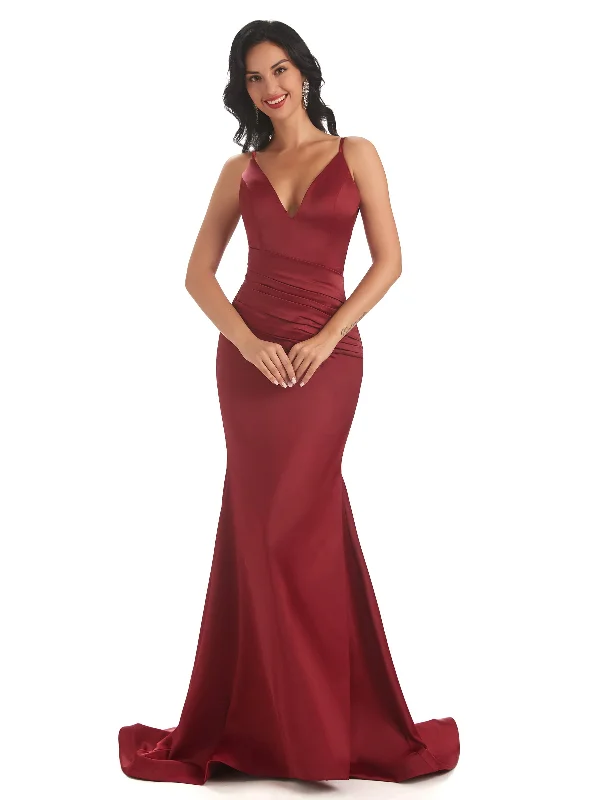 Sexy Spaghetti Straps Soft Satin V-neck Mermaid Long Bridesmaid Dresses