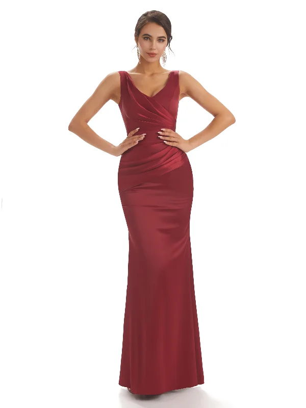 Sexy Soft Satin V-neck Floor-Length Long Unique Mermaid Bridesmaid Dresses